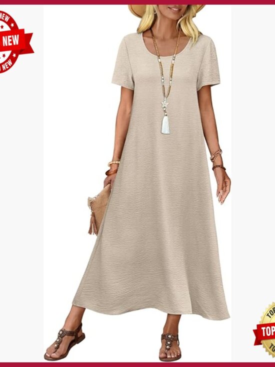 Dresses & Skirts - Summer Maxi Dress with Pockets, Lightweight Fabric, Loose Fit, Casual Beach Wear
